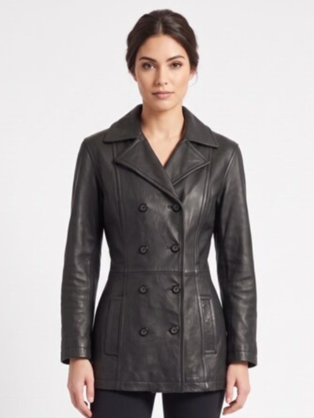 CHARLES KLEIN! LUXE, SOFT BLACK GENUINE LEATHER DOUBLE BREASTED JACKET! SIZE S